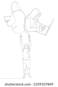 One continuous line of Man pointing with finger at Hacker, Men using Laptop. Thin Line Illustration vector concept. Contour Drawing Creative ideas.