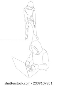 One continuous line of Man pointing with finger at Hacker, Men using Laptop. Thin Line Illustration vector concept. Contour Drawing Creative ideas.