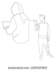 One continuous line of Man pointing with finger at Hacker, Men using Laptop. Thin Line Illustration vector concept. Contour Drawing Creative ideas.