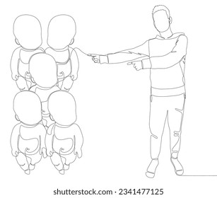 One continuous line of Man pointing with finger at Baby. Thin Line Illustration vector concept. Contour Drawing Creative ideas.