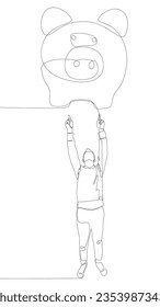 One continuous line of Man pointing with finger at Piggy Bank. Thin Line Illustration vector concept. Contour Drawing Creative ideas.