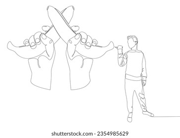 One continuous line of Man pointing with finger at banana. Thin Line Illustration vector concept. Contour Drawing Creative ideas.