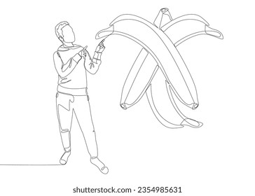 Una línea continua de hombre señalando con el dedo a la banana. Concepto vectorial de Ilustración de líneas delgadas. Contour Drawing Ideas Creativas.