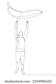 One continuous line of Man pointing with finger at banana. Thin Line Illustration vector concept. Contour Drawing Creative ideas.