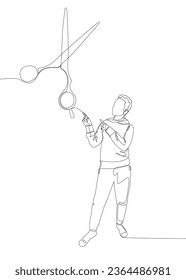 One continuous line of Man pointing with finger at scissor. Thin Line Illustration vector concept. Contour Drawing Creative ideas.