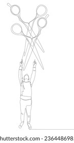 One continuous line of Man pointing with finger at scissor. Thin Line Illustration vector concept. Contour Drawing Creative ideas.