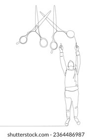 One continuous line of Man pointing with finger at scissor. Thin Line Illustration vector concept. Contour Drawing Creative ideas.