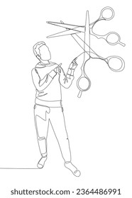 One continuous line of Man pointing with finger at scissor. Thin Line Illustration vector concept. Contour Drawing Creative ideas.