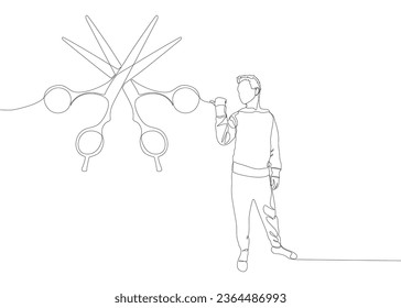 One continuous line of Man pointing with finger at scissor. Thin Line Illustration vector concept. Contour Drawing Creative ideas.