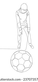 One continuous line of Man pointing with finger at Football ball. Thin Line Illustration vector concept. Contour Drawing Creative ideas.