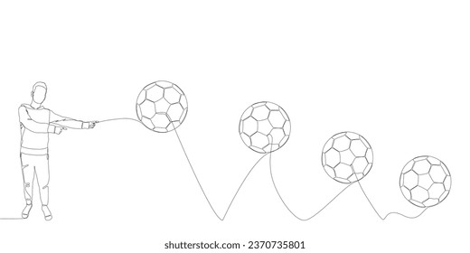 One continuous line of Man pointing with finger at Football ball. Thin Line Illustration vector concept. Contour Drawing Creative ideas.