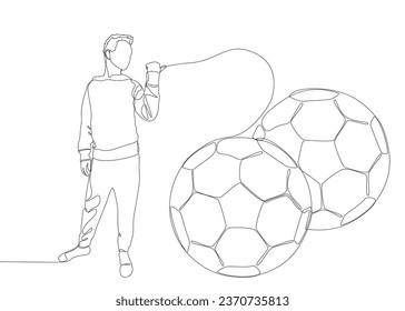 One continuous line of Man pointing with finger at Football ball. Thin Line Illustration vector concept. Contour Drawing Creative ideas.