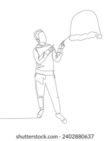 One continuous line of Man pointing with finger at Santa Hat. Thin Line Christmas Illustration vector concept. Contour Drawing Creative ideas.