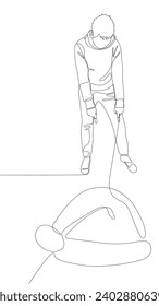 One continuous line of Man pointing with finger at Santa Hat. Thin Line Christmas Illustration vector concept. Contour Drawing Creative ideas.