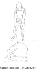 One continuous line of Man pointing with finger at Santa Hat. Thin Line Christmas Illustration vector concept. Contour Drawing Creative ideas.