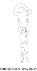 One continuous line of Man pointing with finger at Santa Hat. Thin Line Christmas Illustration vector concept. Contour Drawing Creative ideas.