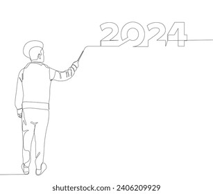 One continuous line of Man pointing with finger at number 2024. Thin Line Illustration vector concept. Contour Drawing Creative ideas.