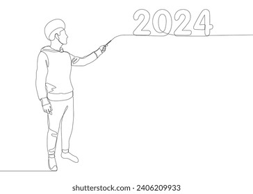 One continuous line of Man pointing with finger at number 2024. Thin Line Illustration vector concept. Contour Drawing Creative ideas.