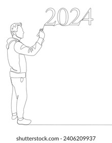 One continuous line of Man pointing with finger at number 2024. Thin Line Illustration vector concept. Contour Drawing Creative ideas.