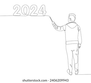 One continuous line of Man pointing with finger at number 2024. Thin Line Illustration vector concept. Contour Drawing Creative ideas.