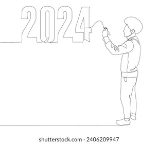 One continuous line of Man pointing with finger at number 2024. Thin Line Illustration vector concept. Contour Drawing Creative ideas.