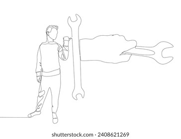 One continuous line of Man pointing with finger at Wrench. Thin Line Illustration vector concept. Contour Drawing Creative ideas.