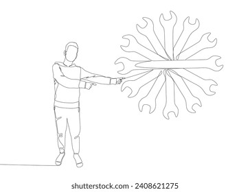 One continuous line of Man pointing with finger at Wrench. Thin Line Illustration vector concept. Contour Drawing Creative ideas.