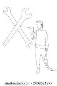 One continuous line of Man pointing with finger at Wrench. Thin Line Illustration vector concept. Contour Drawing Creative ideas.