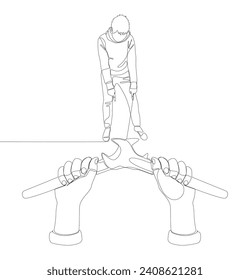 One continuous line of Man pointing with finger at Wrench. Thin Line Illustration vector concept. Contour Drawing Creative ideas.