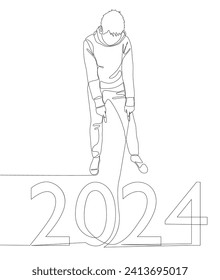 One continuous line of Man pointing with finger at number 2024. Thin Line Illustration vector concept. Contour Drawing Creative ideas.
