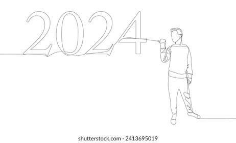 One continuous line of Man pointing with finger at number 2024. Thin Line Illustration vector concept. Contour Drawing Creative ideas.