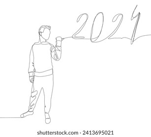 One continuous line of Man pointing with finger at number 2024. Thin Line Illustration vector concept. Contour Drawing Creative ideas.