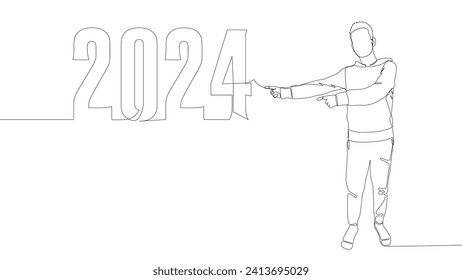 One continuous line of Man pointing with finger at number 2024. Thin Line Illustration vector concept. Contour Drawing Creative ideas.