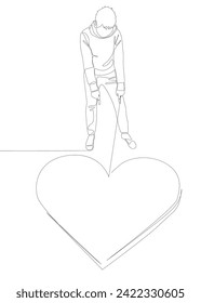 One continuous line of Man pointing with finger at heart. Thin Line Illustration vector concept. Contour Drawing Creative ideas.