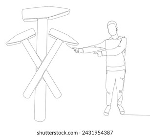 One continuous line of Man pointing with finger at Hammer. Thin Line Illustration Construction vector concept. Contour Drawing Creative ideas.