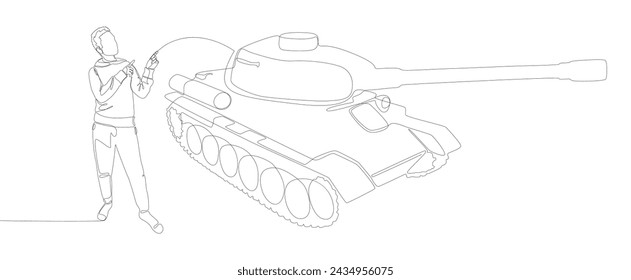Una línea continua de hombre señalando con el dedo al tanque blindado. Concepto de vector de ilustración de línea delgada. Contour Drawing Ideas creativas.