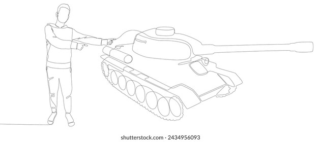 Una línea continua de hombre señalando con el dedo al tanque blindado. Concepto de vector de ilustración de línea delgada. Contour Drawing Ideas creativas.