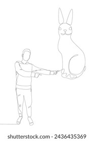One continuous line of Man pointing with finger at Rabbit. Thin Line Illustration vector concept. Contour Drawing Creative ideas.