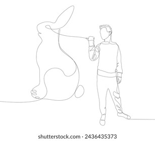 One continuous line of Man pointing with finger at Rabbit. Thin Line Illustration vector concept. Contour Drawing Creative ideas.