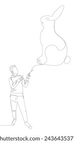 One continuous line of Man pointing with finger at Rabbit. Thin Line Illustration vector concept. Contour Drawing Creative ideas.