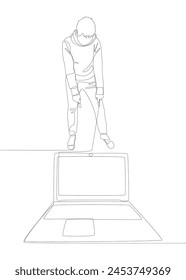 One continuous line of Man pointing with finger at Laptop. Thin Line Illustration vector concept. Contour Drawing Creative ideas.