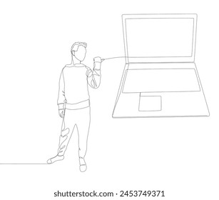 One continuous line of Man pointing with finger at Laptop. Thin Line Illustration vector concept. Contour Drawing Creative ideas.