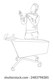 One continuous line of Man pointing with finger and Shopping Cart. Thin Line Illustration vector concept. Contour Drawing Creative ideas.