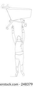 One continuous line of Man pointing with finger and Shopping Cart. Thin Line Illustration vector concept. Contour Drawing Creative ideas.
