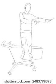 One continuous line of Man pointing with finger and Shopping Cart. Thin Line Illustration vector concept. Contour Drawing Creative ideas.