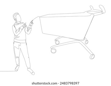 One continuous line of Man pointing with finger and Shopping Cart. Thin Line Illustration vector concept. Contour Drawing Creative ideas.