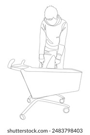 One continuous line of Man pointing with finger and Shopping Cart. Thin Line Illustration vector concept. Contour Drawing Creative ideas.