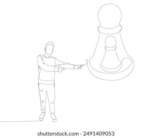 One continuous line of Man pointing with finger at pawn, chess piece. Thin Line Illustration vector concept. Contour Drawing Creative ideas.