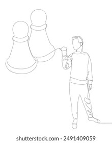 One continuous line of Man pointing with finger at pawn, chess piece. Thin Line Illustration vector concept. Contour Drawing Creative ideas.