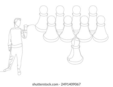 One continuous line of Man pointing with finger at pawn, chess piece. Thin Line Illustration vector concept. Contour Drawing Creative ideas.